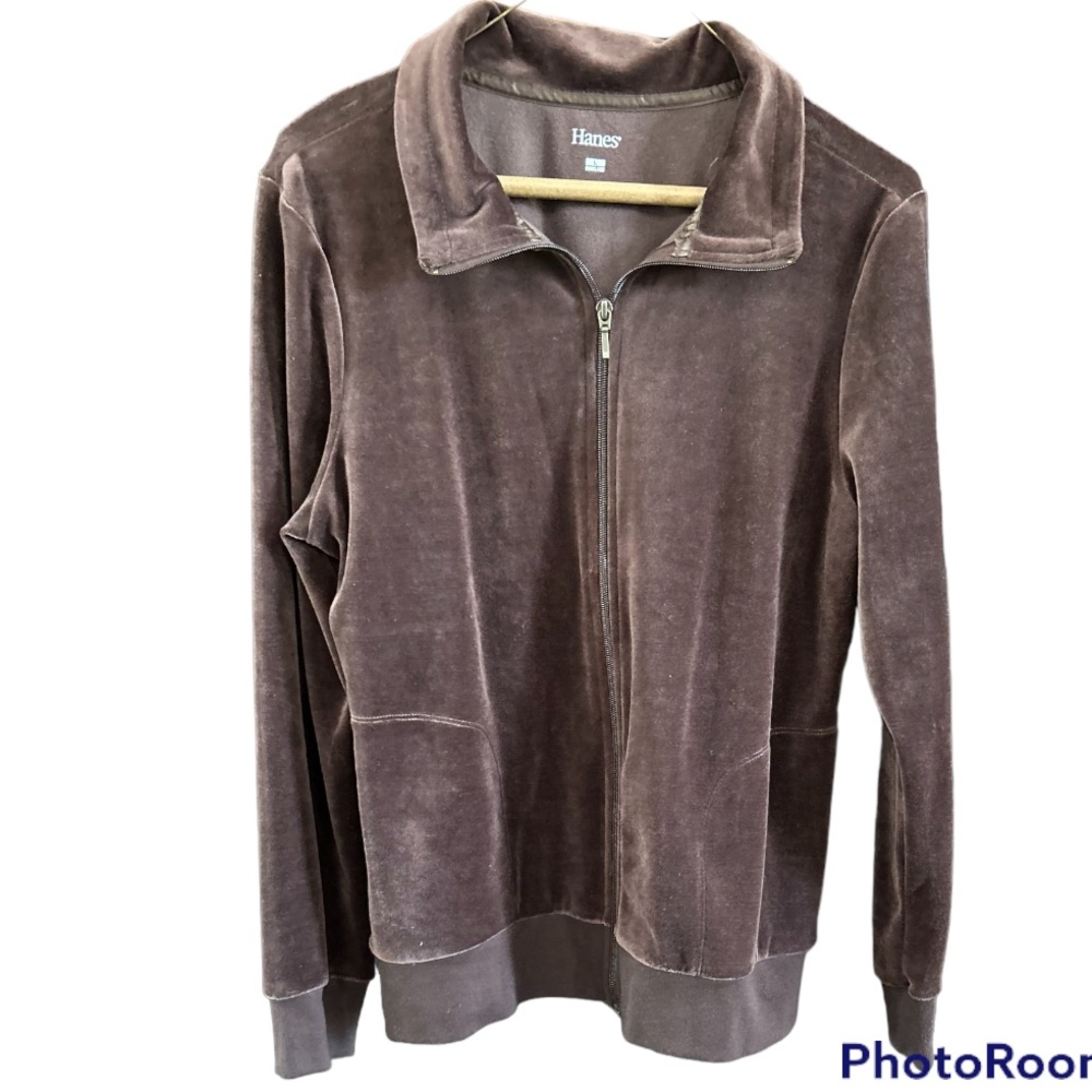 Vintage Hanes chocolate brown Velour Zip Jacket Top Size Large